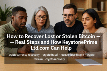 An inclusive team of diverse professionals analyzing blockchain data and discussing cryptocurrency recovery solutions, representing how to recover lost or stolen Bitcoin using KeystonePrimeLtd.com.