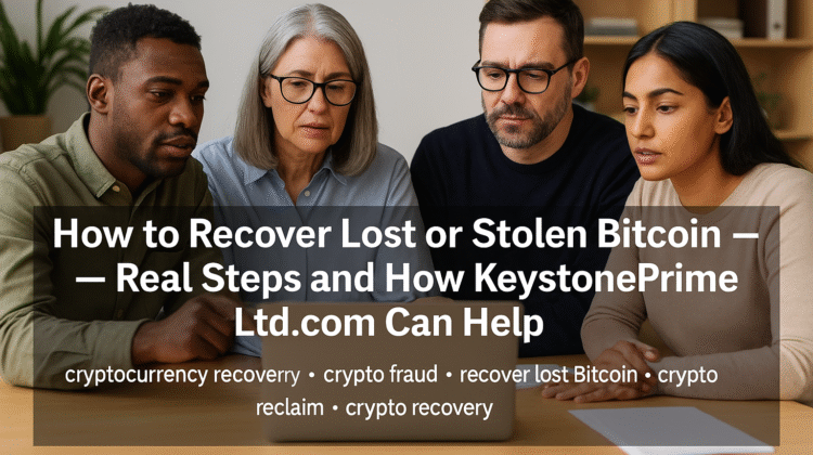 An inclusive team of diverse professionals analyzing blockchain data and discussing cryptocurrency recovery solutions, representing how to recover lost or stolen Bitcoin using KeystonePrimeLtd.com.