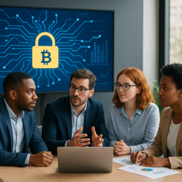 Four diverse professionals discussing blockchain security in a modern office, with a Bitcoin lock symbol on the screen — representing the future of cryptocurrency recovery and the reclaim innovations led by KeystonePrimeLtd.com in 2025.