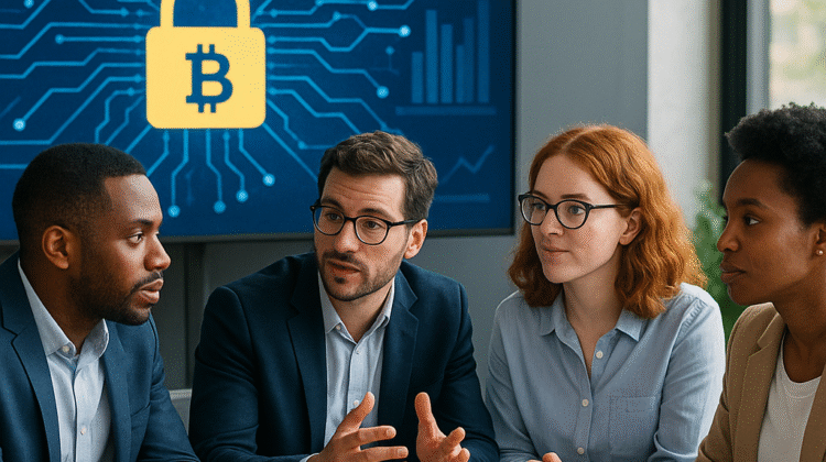 Four diverse professionals discussing blockchain security in a modern office, with a Bitcoin lock symbol on the screen — representing the future of cryptocurrency recovery and the reclaim innovations led by KeystonePrimeLtd.com in 2025.