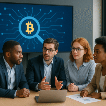 A team of diverse professionals in a modern office analyzing blockchain data on a large screen with a Bitcoin magnifying glass icon, symbolizing the traceability of stolen Bitcoin and the forensic recovery expertise of KeystonePrimeLtd.com