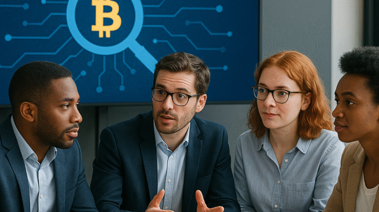 A team of diverse professionals in a modern office analyzing blockchain data on a large screen with a Bitcoin magnifying glass icon, symbolizing the traceability of stolen Bitcoin and the forensic recovery expertise of KeystonePrimeLtd.com