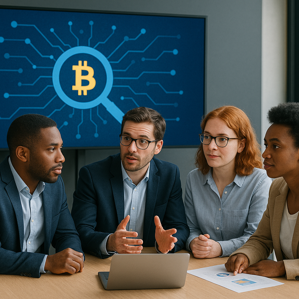 A team of diverse professionals in a modern office analyzing blockchain data on a large screen with a Bitcoin magnifying glass icon, symbolizing the traceability of stolen Bitcoin and the forensic recovery expertise of KeystonePrimeLtd.com