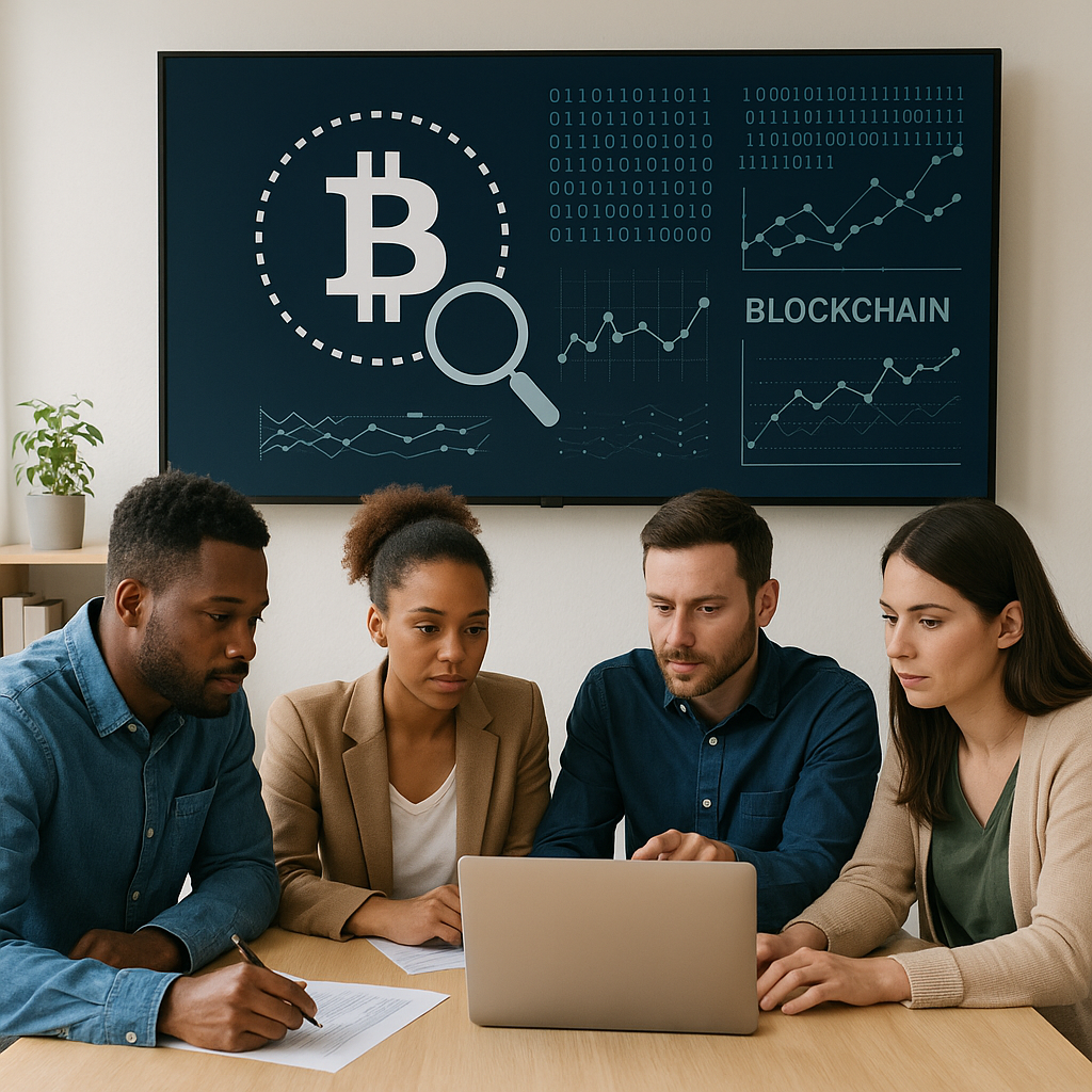 A diverse group of professionals analyzing Bitcoin loss data in an office with a digital screen showing a red prohibition sign over a Bitcoin symbol, representing how KeystonePrimeLtd.com helps investors recover funds lost in fake trading and forex scams.