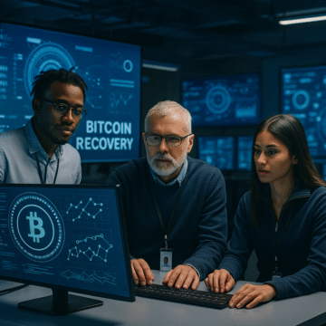 A team of three cybersecurity specialists analyzing blockchain data on digital screens in a futuristic lab labeled “Bitcoin Recovery,” symbolizing KeystonePrimeLtd.com’s advanced tools, global networks, and insider approach to crypto reclaim