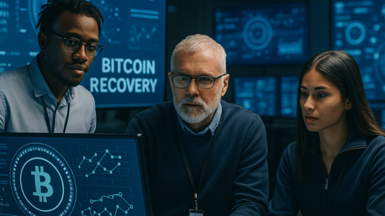 A team of three cybersecurity specialists analyzing blockchain data on digital screens in a futuristic lab labeled “Bitcoin Recovery,” symbolizing KeystonePrimeLtd.com’s advanced tools, global networks, and insider approach to crypto reclaim