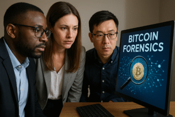 A diverse group of forensic analysts reviewing Bitcoin transaction maps and blockchain cluster visuals on large digital screens, representing KeystonePrimeLtd.com’s advanced technical approach to tracing lost cryptocurrency through forensic science and AI-driven blockchain analysis.