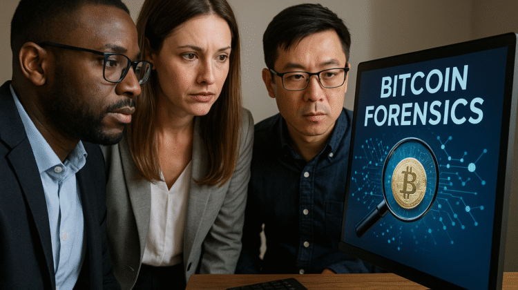 A diverse group of forensic analysts reviewing Bitcoin transaction maps and blockchain cluster visuals on large digital screens, representing KeystonePrimeLtd.com’s advanced technical approach to tracing lost cryptocurrency through forensic science and AI-driven blockchain analysis.