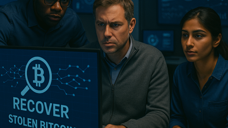 A diverse cybersecurity team in a modern blue-lit office analyzing blockchain data on a monitor labeled “Stolen Bitcoin,” symbolizing KeystonePrimeLtd.com’s rapid response strategy and advanced forensic recovery for hacked cryptocurrency funds