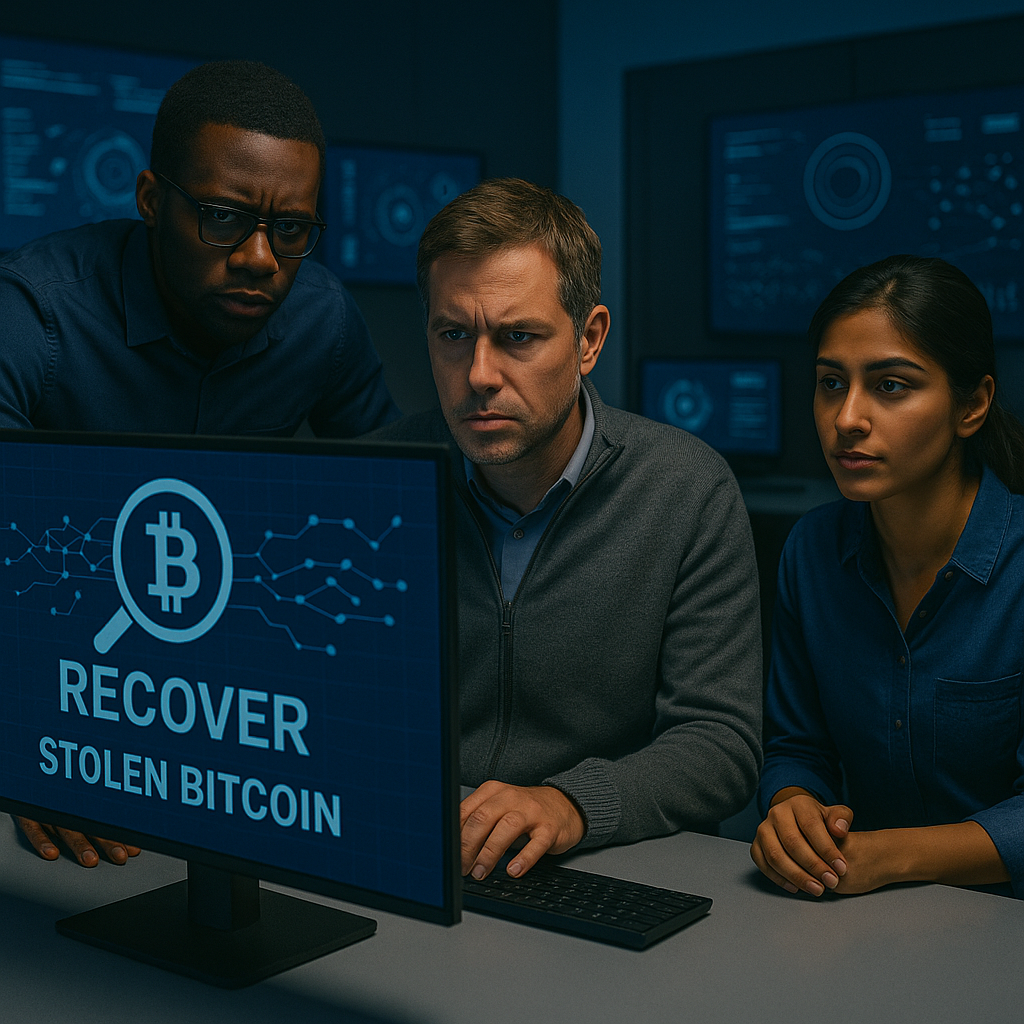 A diverse cybersecurity team in a modern blue-lit office analyzing blockchain data on a monitor labeled “Stolen Bitcoin,” symbolizing KeystonePrimeLtd.com’s rapid response strategy and advanced forensic recovery for hacked cryptocurrency funds