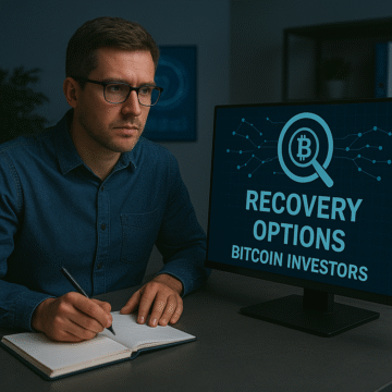 A professional Bitcoin investor taking notes in a modern office while viewing a computer screen labeled “Recovery Options for Bitcoin Investors,” representing K