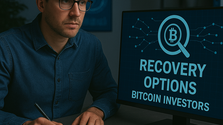 A professional Bitcoin investor taking notes in a modern office while viewing a computer screen labeled “Recovery Options for Bitcoin Investors,” representing K