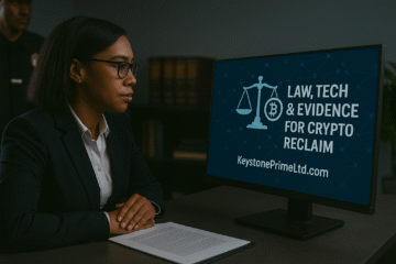 A professional African American woman in business attire analyzes a computer screen displaying “Law, Tech & Evidence for Crypto Reclaim – KeystonePrimeLtd.com,” symbolizing the collaboration of law, technology, and forensics in cryptocurrency recovery
