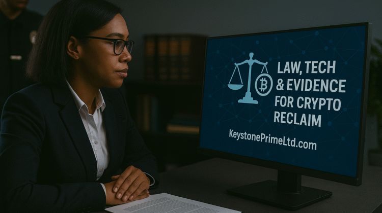 A professional African American woman in business attire analyzes a computer screen displaying “Law, Tech & Evidence for Crypto Reclaim – KeystonePrimeLtd.com,” symbolizing the collaboration of law, technology, and forensics in cryptocurrency recovery