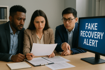 A team of cybersecurity experts reviewing documents and a screen displaying “Fake Recovery Alert,” illustrating KeystonePrimeLtd.com’s mission to educate investors on spotting fraudulent recovery agents and practicing safe crypto reclaim strategies.