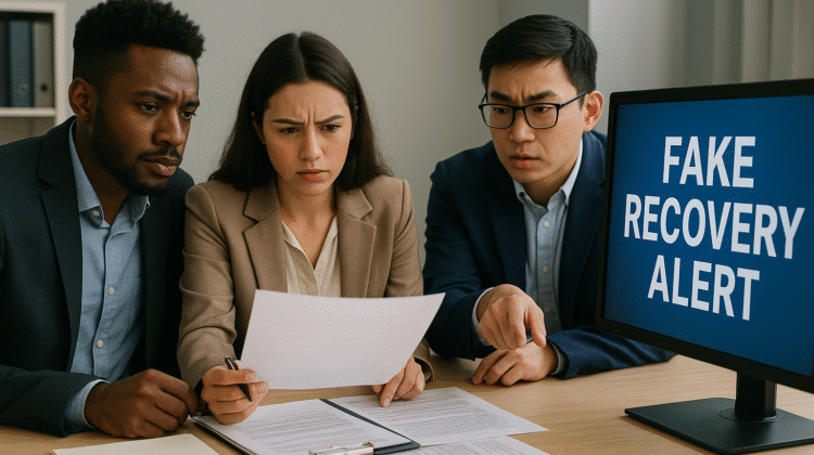 A team of cybersecurity experts reviewing documents and a screen displaying “Fake Recovery Alert,” illustrating KeystonePrimeLtd.com’s mission to educate investors on spotting fraudulent recovery agents and practicing safe crypto reclaim strategies.