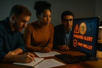 A diverse cybersecurity team focused on a monitor labeled “Phishing — Recovering Bitcoin from Phishing and Fake Wallets,” illustrating KeystonePrimeLtd.com’s real-world efforts to trace and recover stolen Bitcoin through forensic investigation and intelligence