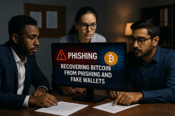 A team of blockchain forensics experts in a control room studying Bitcoin transaction maps labeled “Immutable but Traceable,” illustrating how KeystonePrimeLtd.com helps reclaim lost Bitcoin by turning blockchain immutability into actionable recovery intelligence.