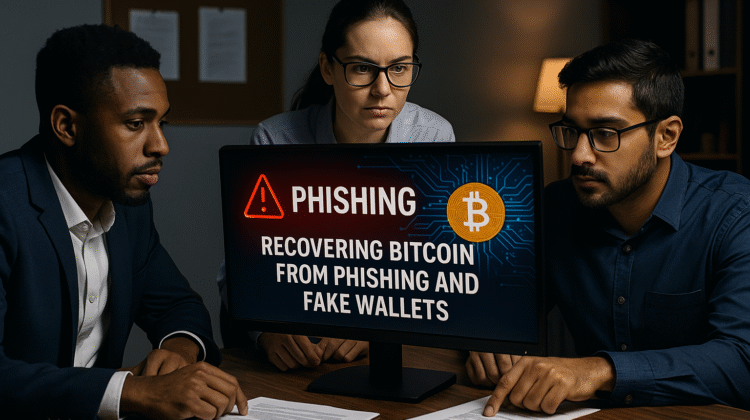 A team of blockchain forensics experts in a control room studying Bitcoin transaction maps labeled “Immutable but Traceable,” illustrating how KeystonePrimeLtd.com helps reclaim lost Bitcoin by turning blockchain immutability into actionable recovery intelligence.