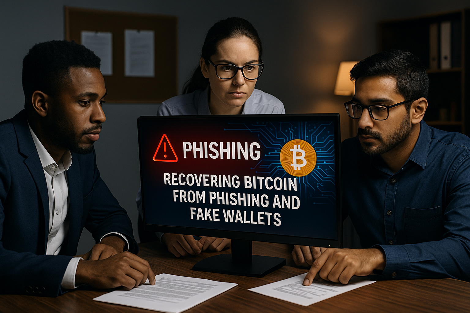 A team of blockchain forensics experts in a control room studying Bitcoin transaction maps labeled “Immutable but Traceable,” illustrating how KeystonePrimeLtd.com helps reclaim lost Bitcoin by turning blockchain immutability into actionable recovery intelligence.