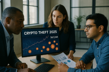 Three diverse professionals analyze a digital chart labeled “Crypto Theft 2025” with rising Bitcoin statistics on a monitor, representing KeystonePrimeLtd.com’s proactive role in combating crypto theft and helping investors recover stolen Bitcoin through forensic recovery services.