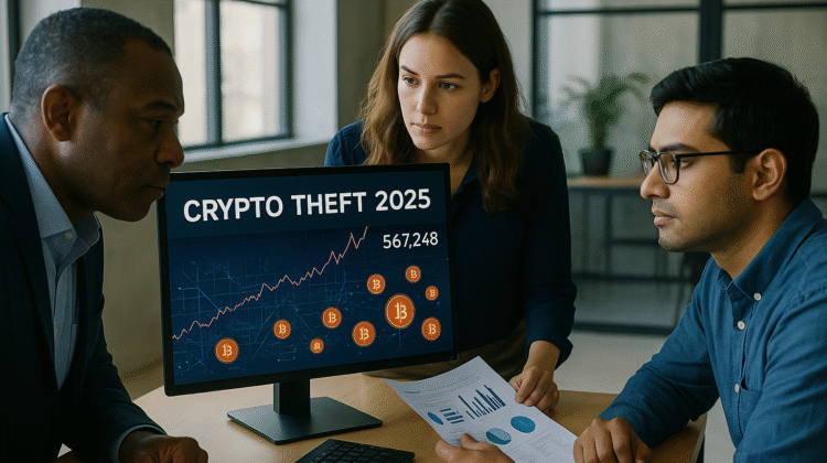 Three diverse professionals analyze a digital chart labeled “Crypto Theft 2025” with rising Bitcoin statistics on a monitor, representing KeystonePrimeLtd.com’s proactive role in combating crypto theft and helping investors recover stolen Bitcoin through forensic recovery services.