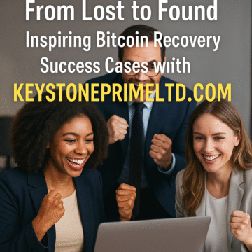 A diverse group of professionals celebrating a Bitcoin recovery success while viewing a laptop displaying a Bitcoin symbol, symbolizing KeystonePrimeLtd.com’s proven record of successful, inspiring Bitcoin recovery cases that restore hope to victims of crypto theft.