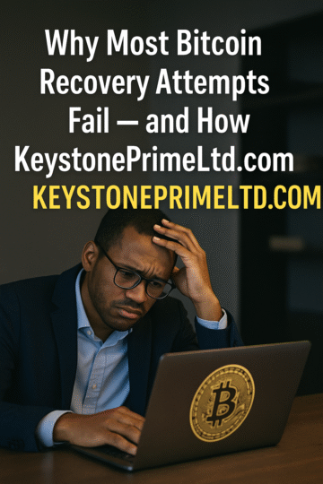 A frustrated professional looking at a laptop with a Bitcoin symbol under the headline “Why Most Bitcoin Recovery Attempts Fail — and How KeystonePrimeLtd.com Changes the Game,” representing the contrast between failed DIY recovery efforts and KeystonePrimeLtd.com’s professional forensic methods.