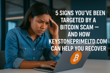 woman reviewing her laptop with concern as Bitcoin scam warning icons appear on screen, symbolizing the early detection of fraud and how KeystonePrimeLtd.com assists in tracing and recovering stolen Bitcoin.