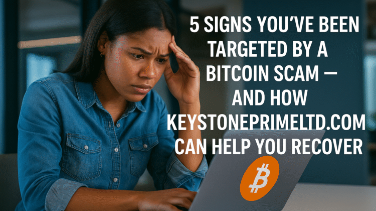 woman reviewing her laptop with concern as Bitcoin scam warning icons appear on screen, symbolizing the early detection of fraud and how KeystonePrimeLtd.com assists in tracing and recovering stolen Bitcoin.