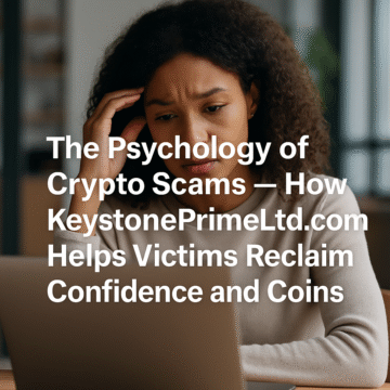 A caring professional offers reassurance to a worried investor in a modern office, symbolizing how KeystonePrimeLtd.com supports victims of crypto scams by combining forensic recovery with emotional guidance and confidence rebuilding