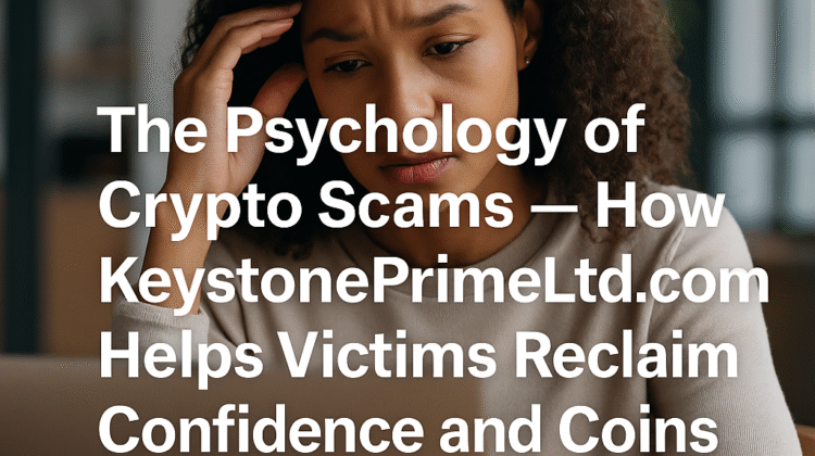 A caring professional offers reassurance to a worried investor in a modern office, symbolizing how KeystonePrimeLtd.com supports victims of crypto scams by combining forensic recovery with emotional guidance and confidence rebuilding