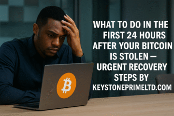 A focused young professional urgently analyzing Bitcoin data on a laptop surrounded by digital screens reading “24-Hour Recovery Protocol,” representing KeystonePrimeLtd.com’s rapid-response process for stolen Bitcoin recovery and emergency crypto tracing.