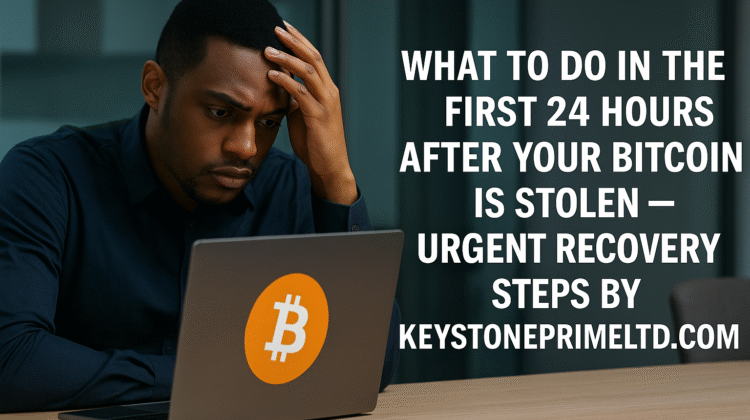 A focused young professional urgently analyzing Bitcoin data on a laptop surrounded by digital screens reading “24-Hour Recovery Protocol,” representing KeystonePrimeLtd.com’s rapid-response process for stolen Bitcoin recovery and emergency crypto tracing.