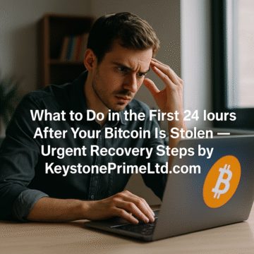 A young professional with a focused, concerned expression reviews a laptop screen displaying a bright Bitcoin logo, representing the urgency of taking immediate recovery steps after Bitcoin theft, as recommended by KeystonePrimeLtd.com’s emergency response experts.