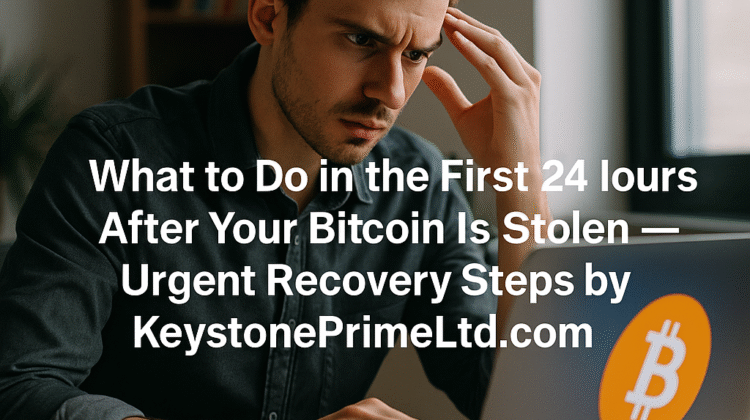 A young professional with a focused, concerned expression reviews a laptop screen displaying a bright Bitcoin logo, representing the urgency of taking immediate recovery steps after Bitcoin theft, as recommended by KeystonePrimeLtd.com’s emergency response experts.