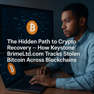 A young African American man analyzing blockchain graphs and Bitcoin symbols on a monitor and laptop, symbolizing KeystonePrimeLtd.com’s expertise in tracing stolen Bitcoin across multiple blockchains using forensic clustering and AI-powered investigation.