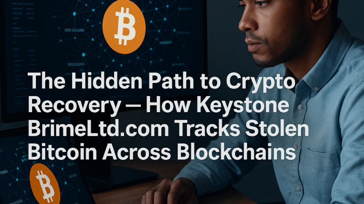 A young African American man analyzing blockchain graphs and Bitcoin symbols on a monitor and laptop, symbolizing KeystonePrimeLtd.com’s expertise in tracing stolen Bitcoin across multiple blockchains using forensic clustering and AI-powered investigation.