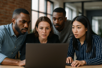 A diverse team of professionals working collaboratively on computers in a bright office, symbolizing KeystonePrimeLtd.com’s expert guidance and teamwork in helping victims recover stolen Bitcoin using advanced 2025 forensic tools and security strategies.