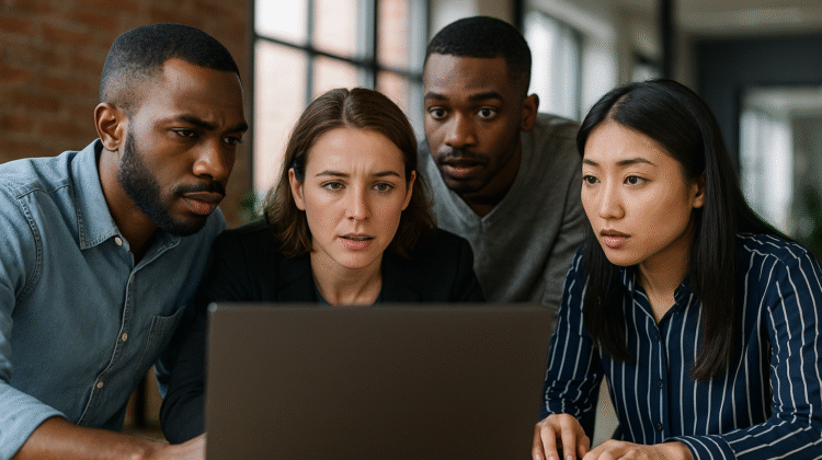 A diverse team of professionals working collaboratively on computers in a bright office, symbolizing KeystonePrimeLtd.com’s expert guidance and teamwork in helping victims recover stolen Bitcoin using advanced 2025 forensic tools and security strategies.