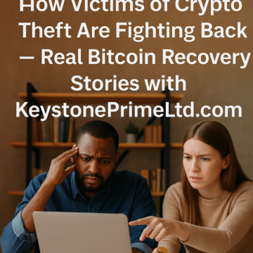 A concerned man and focused woman working together at a desk reviewing Bitcoin recovery data, symbolizing real crypto theft victims reclaiming their funds through KeystonePrimeLtd.com’s professional forensic tracing and recovery services.